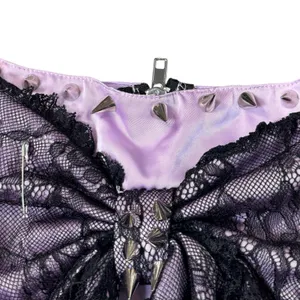Dolls Kill Bow Lace Up Corset Top Size S Purple Black Ribbon Spikes Safety Pin thumbnail 6