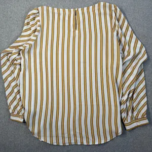 LOFT Women's Medium White Yellow Stripe Long Sleeve Keyhole Back Blouse Top thumbnail 9