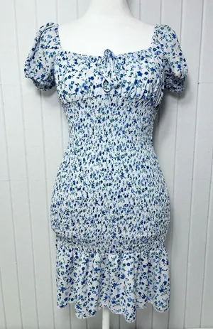 wild‎ fable White & Blue Smocked Midi Dress with Puff Sleeves Size XS thumbnail 1
