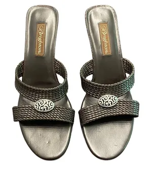 Brighton Denise Leather Wedge Sandal 10M Brown Black Woven Slides Resort Classic thumbnail 1