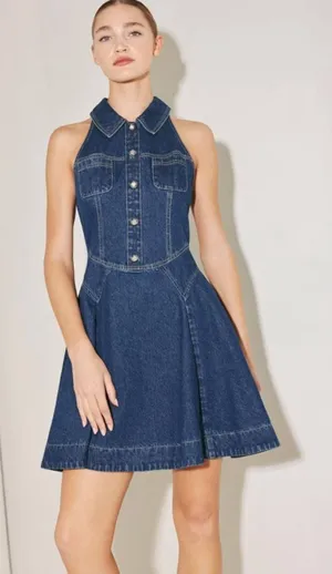 Flying Tomato Denim Halter Mini Dress Button Front Fit & Flare A-Line Sleeveless M thumbnail 1