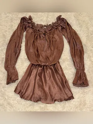 NEW House Of Cb Hazelnut Chaya Off Shoulder Chiffon Blouson Long Sleeve dress S thumbnail 4