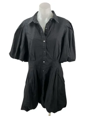NEW Gap Womens Black Pleated Short Puff Sleeve Button Down Mini Shirt Dress Sz M thumbnail 1