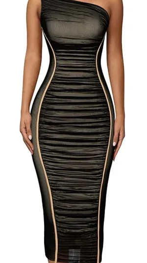 One-Shoulder Black Ruched Bodycon Midi Dress thumbnail 1