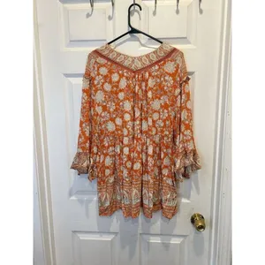 Free People Moonlight Dance Orange Floral Boho Tunic V-Neck Bell Sleeve Size M thumbnail 6