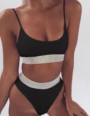 emma bling trim high waist swimsuits set black thumbnail 1