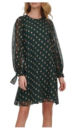 Calvin Klein Shift Dress Women 4 Green Gold Metallic Dot Long‎ Sleeve Tie Cuff thumbnail 1