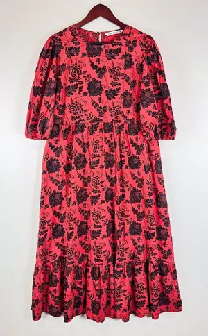 ZARA Womens Dress Red Midi Floral Shift Sequin Tiered 3/4 Sleeve Boho Medium thumbnail 1
