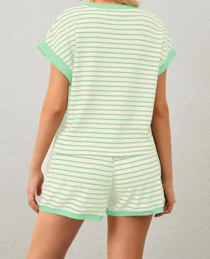 Women’s summer 2 piece lounge sets striped set Green thumbnail 3