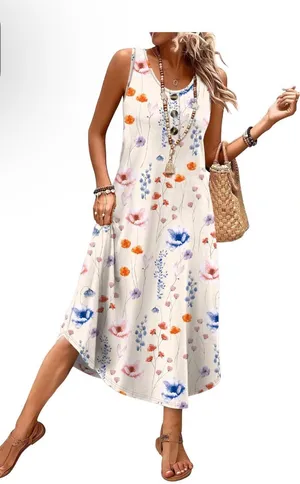 WIHOLL Summer Dresses for Women 2026 Button Front Sleeveless Casual Midi Dress B thumbnail 1