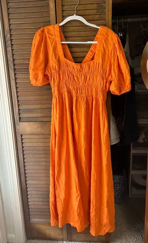 Showpo Puff Sleeve Plunge Neck Dress In Orange thumbnail 7