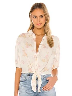 Free People Celia Printed Floral Blouse Ivory Pink Tie Front Puff Sleeve S thumbnail 5