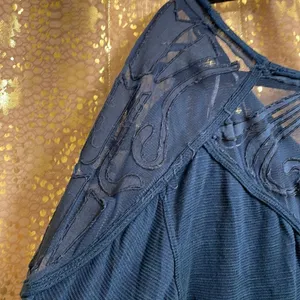 Free People navy blue mesh/lace split back long sleeve tunic style top, S thumbnail 5