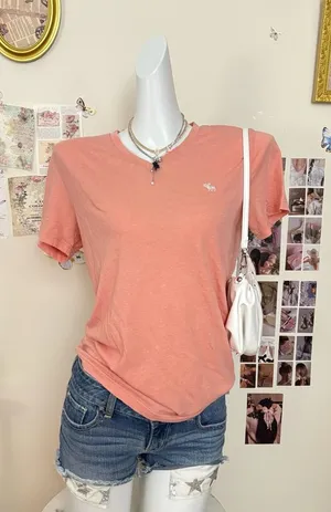 Abercrombie & Fitch Coral Pink V-Neck Short Sleeve Logo T-Shirt Women's Size XS thumbnail 1