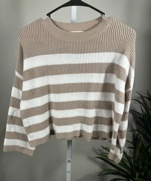 N297. Sincerely Jules Striped Crewneck Sweater - Beige & White oversized thumbnail 1