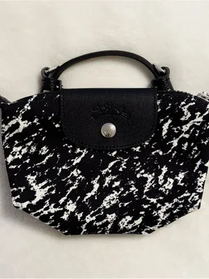 Longchamp Le Pliage Black White Marble Print Mini Nylon Top Handle Pouch Bag thumbnail 2
