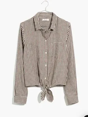 Madewell Gingham Flannel Tie Front Shirt Brown Gingham Check size Large $80 thumbnail 4