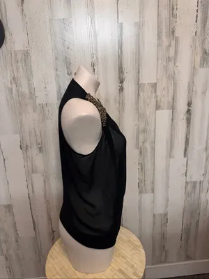 AKIRA Chicago Red Label Beaded Shoulder Drape Top Womens S Black Sheer Chiffon thumbnail 7