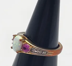 Kiran Jewelers Gold Tone White Fire Opal, Pink Topaz, & Diamond Ring (7) thumbnail 2