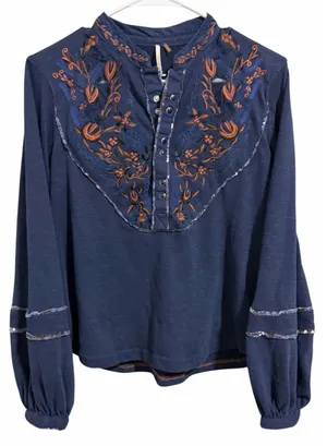 Free People Sundance Kid Embroidered Western Henley Top Navy Women's‎ Size XS thumbnail 1