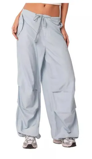 Edikted Rian Oversized Low Rise Light Blue Nylon Cargo Pants thumbnail 1