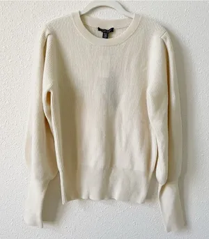 Saks Fifth Avenue 100% Cashmere Balloon Sleeve Sweater Snow Size Medium Neutral thumbnail 1