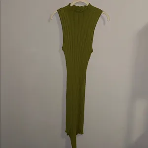 Sleeveless Ribbed Knit Dress Mock Neck in Bright Olive Green thumbnail 3