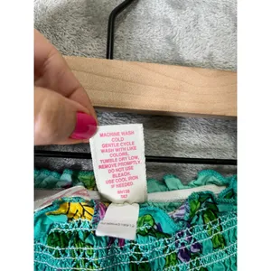 Vintage Tropical Floral Maxi Skirt Teal Smocked Waist Boho Cottagecore Cotton SM thumbnail 6