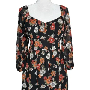 Hollister Dress Womens Medium Floral Long‎ Puff Sleeve Slit Midi Chiffon Retro thumbnail 4