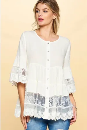 Oddi White Lace Tunic Blouse Boho Tiered Bell Sleeve Button Down Plus Size 1X thumbnail 1