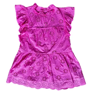 Entro Pink Eyelet Embroidered Cotton Top Flutter Sleeve Ruffle Small Fairy thumbnail 3