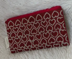 Francesca Red Beaded Heart Clutch Evening Bag Gold Chain Shoulder Strap NWT thumbnail 1