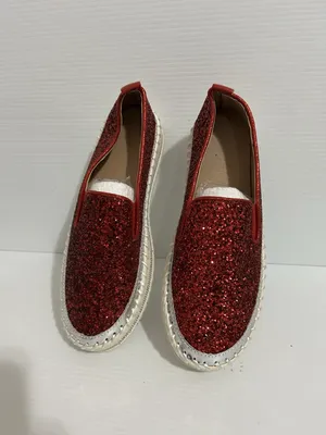 Women’s Red Glitter Slip-On Flats Silver Trim Round Toe Rubber Sole US 9 thumbnail 2