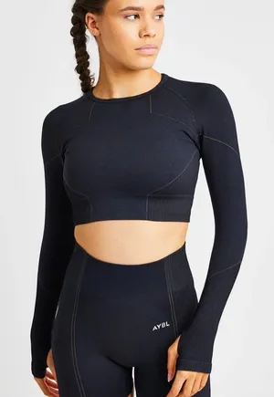 AYBL Women’s Reflex Seamless Crop Top Shirt Longsleeve Thumbholes in Black S thumbnail 1