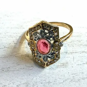 Art Deco Style pink rhinestone Cocktail Ring Gold thumbnail 10
