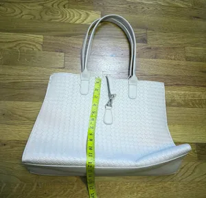 Light Gray Basket Weave Faux Leather Tote Purse Carry on Travel Everyday Basic thumbnail 4