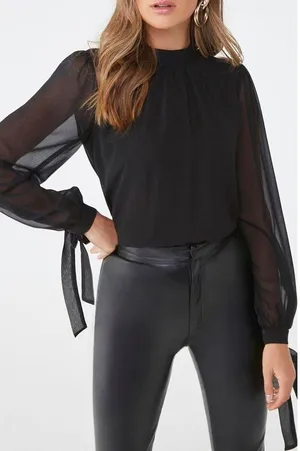 Forever 21 Chiffon Shirred Mock Neck Top black blouse thumbnail 9