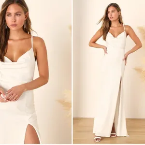 LULU's Bridal Sexy Sophisticated White Satin Cowl Neck Chic Wedding Gown thumbnail 3