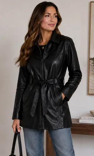 Vintage Jacqueline Ferrar Lambskin Leather Belted Jacket Black M 90s thumbnail 1