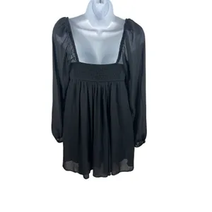 Abercrombie & Fitch Black Smocked Babydoll Mini Dress XS Sheer Sleeve Coquette thumbnail 4