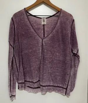 Free People We The Free | Purple Acid Wash Oversized V-Neck Long Sleeve Top, XS thumbnail 1