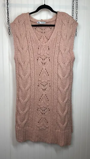 ZARA Pink Wool Blend Cable Knit Tunic Long Oversized Sweater Vest Top Size S thumbnail 1