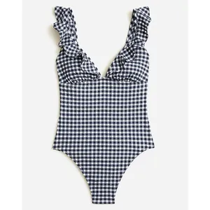 J.Crew Ruffle V Neck One Piece Gingham Swimsuit Padded Navy Retro US 24 NWT thumbnail 2
