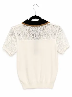 Wardrobe Womens Ivory Lace Polo Sweater Top Medium Contrast Collar Preppy Mod thumbnail 3