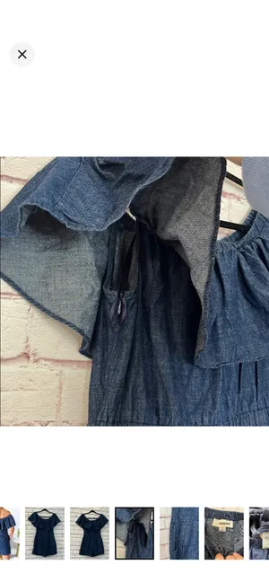 Storee Dark Chambray Off Shoulder Shorts Romper 100% Cotton Navy Small. Like new. Stretchy band around upper arms. Zipper on side. No stretch in body but stretchy waist. Pockets. 14” bust 21” rise 3” inseam thumbnail 5