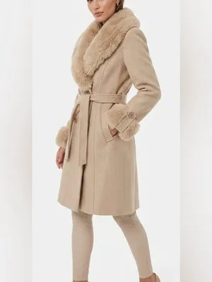 EMPRADA Women's Cream Faux Fur Collar Long Coat thumbnail 16