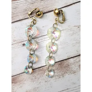 Vintage Clip On Earrings Chunky Clear/Iridescent Long - Fair Condition thumbnail 2
