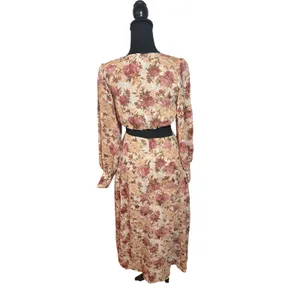 En Saison Floral Jacquard Cut Out Midi Dress Pink Tan Long Balloon Sleeve Resort thumbnail 5