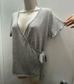 Caution to the Wind Asymmetrical Self-tie Gray Top thumbnail 4