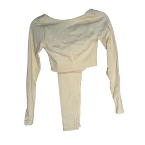 Ribbed‎ Long Sleeve Crop Top Thumbhole Leggings Set Workout Athleisure Cream M thumbnail 8